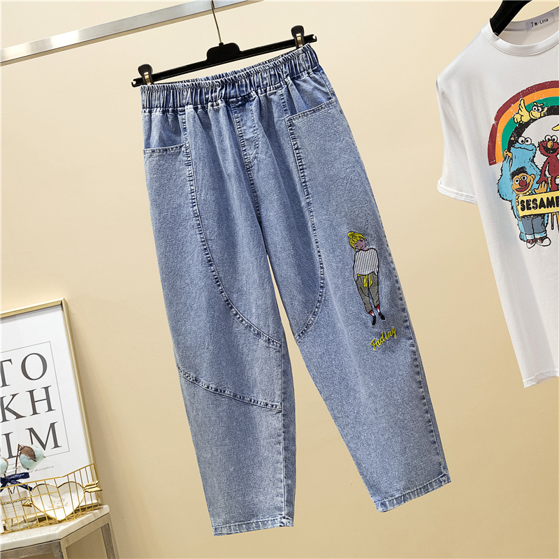 South Korea Summer New Embroidery Old Daddy Pants Woman Loose slim and slim subs 90% High waist width Casual Jeans
