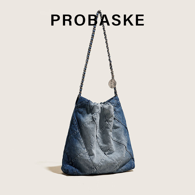 PROBASKE Bucket Bag with Quilted Finish, Drawstring, Trash Bag, Women's Shoulder Bag, Denim Large Capacity Tote Bag