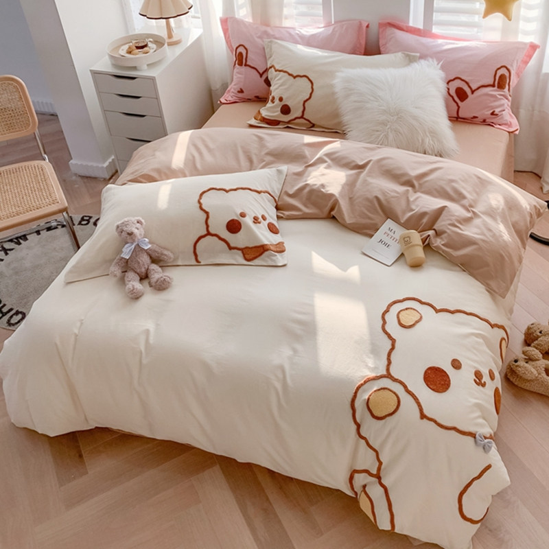 Cotton cartoon quilt cover bed four-piece set 100 pure cotton quilt cover naked sleeping children's room bedding three-piece bed set female