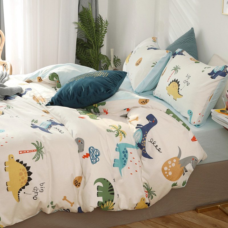 Nordic style dinosaur cotton bed four-piece cotton boys and girls cartoon sheets three-piece children's quilt cover summer