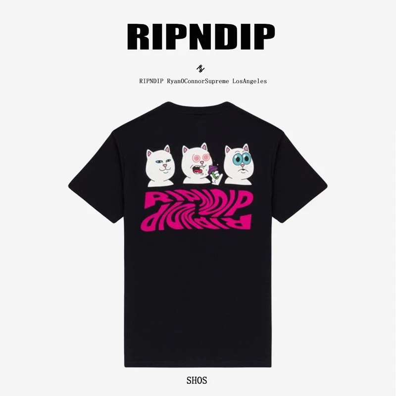 Американский трендовый бренд RIPNDIP SHROOM DIET маленький кот веса потери короткий рукав круглый вырез печатный топ для пары