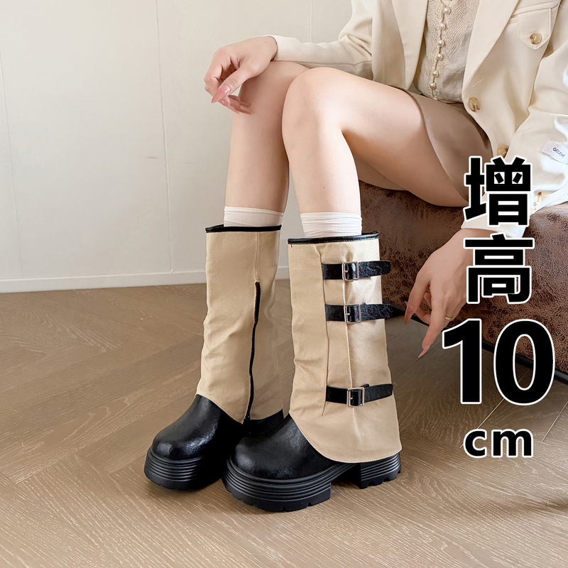 Korean Style Belt Buckle Stacked Boots for Women, Winter 10cm Height-Increasing Long Boots, Black High-Heeled Boots Korean Style Belt Buckle Stacked Boots for Women, Winter 10cm Height-Increasing Long Boots, Black High-Heeled Boots