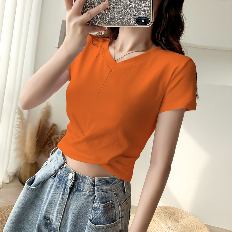 Orange Pleated Short T-Shirt for Women, Summer Short-Sleeve V-Neck Trendy Brand 2026 New Design Niche Style Waist-Cinching Half-Sleeve Top Orange Pleated Short T-Shirt for Women, Summer Short-Sleeve V-Neck Trendy Brand 2026 New Design Niche Style Waist-Cinching Half-Sleeve Top