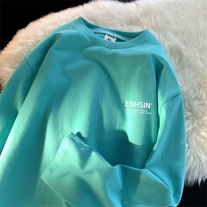 Pure Cotton Long-Sleeve T-Shirt for Men, Hong Kong Style, Spring and Autumn ins Trendy Brand Letter Print, Loose and Versatile Base Shirt Top