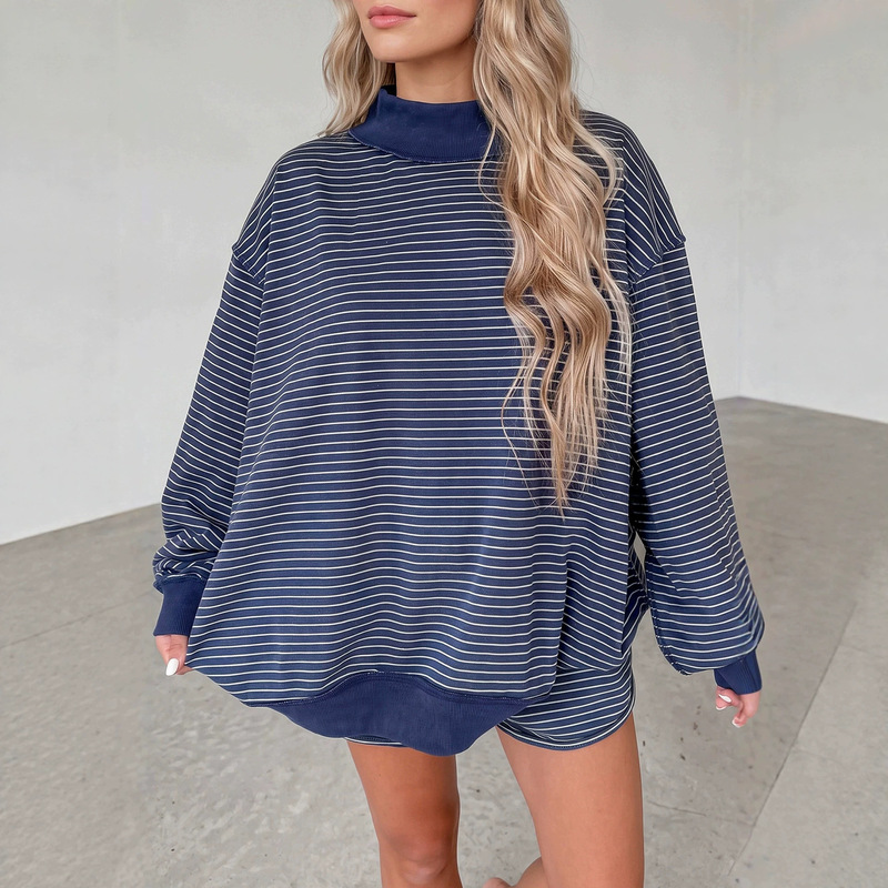 Long-Sleeved Two-Piece Set for Women Amazon 2026 New Autumn Style Half-High Collar Striped Us Size Women's Pants Set