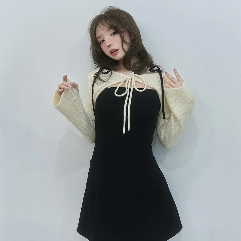A Brand's Pure and Alluring Style Knit Set Mini Dress, Spaghetti Strap Dress + Long-Sleeve Knit Cardigan