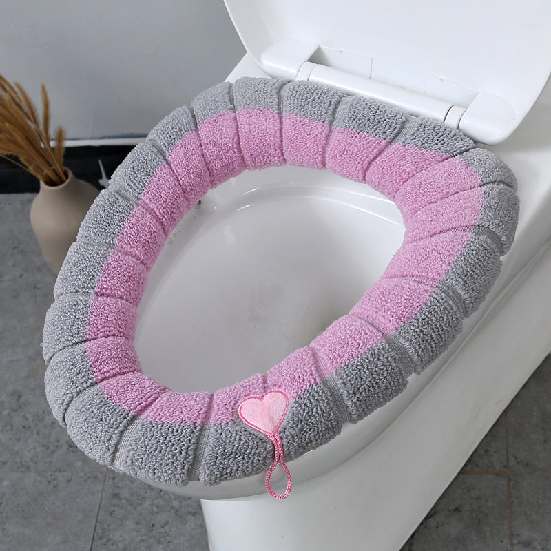 Nordic style hit color handle toilet seat cushion plush knitted toilet cover winter warm toilet ring household toilet seat