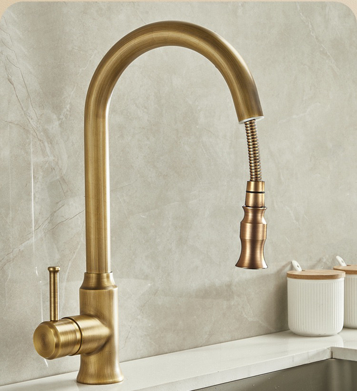 American Retro Hot and Cold Faucet Sink Retractable Rotating Sink Sink Anti-Splash Antique Copper Faucet
