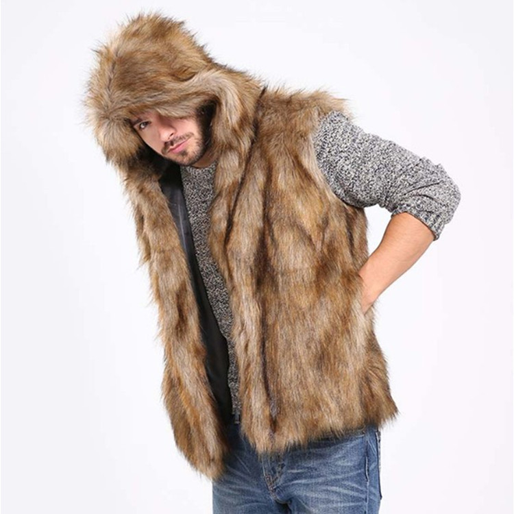 Foreign Trade European and American Style Faux Fur Hooded Men's Vest Short Jacket Versatile Men's Jacket Coat