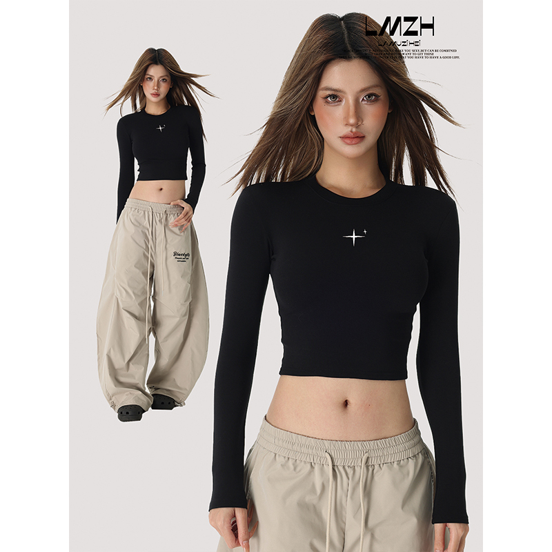 Spicy Black American-Style Spicy Girl Slim-Fit Black Long-Sleeve T-Shirt for Women, Spring Jazz Dance European and American Style Crop Top