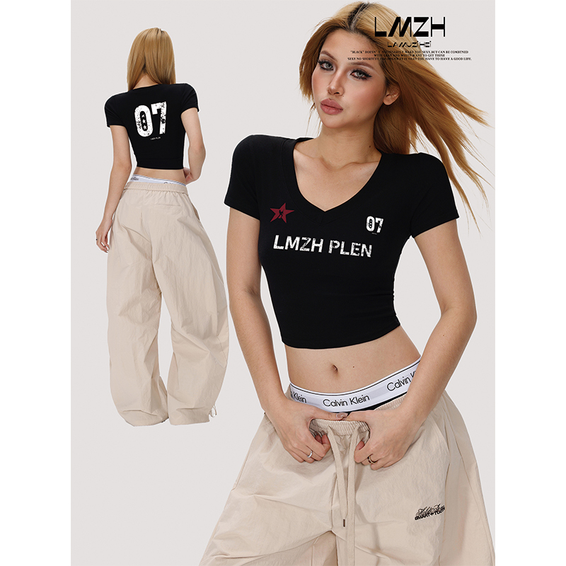 Spicy Black American Style V-Neck Short Sleeve T-Shirt for Women, New Summer Style, Slim Fit, Sexy Crop Top