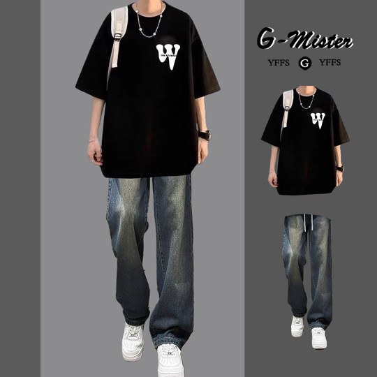 纯棉短袖套装男休闲穿搭一整套夏季搭配高街牛仔裤男装学生两件套