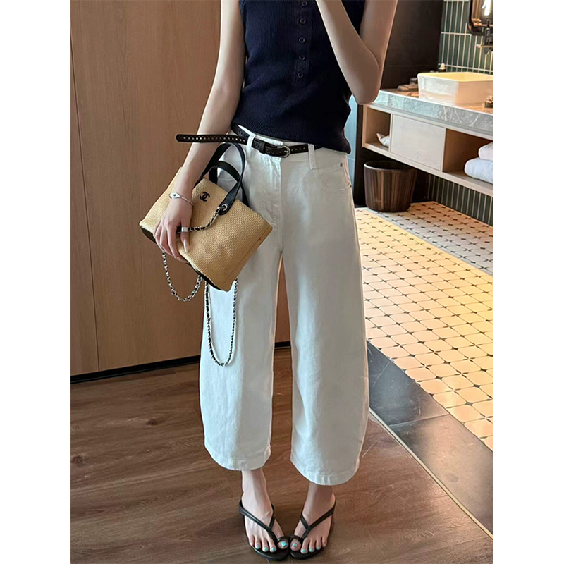 European-Style Off-White High-Waisted Wide-Leg Jeans for Women, Summer Thin Loose Fit, Slimming Casual Cropped Balloon Pants
