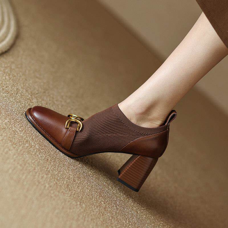 Ocnltiy retro fashion genuine leather high heel single shoe woman 2023 spring autumn new women's shoes square head coarse heels with little leather shoes-Taobao