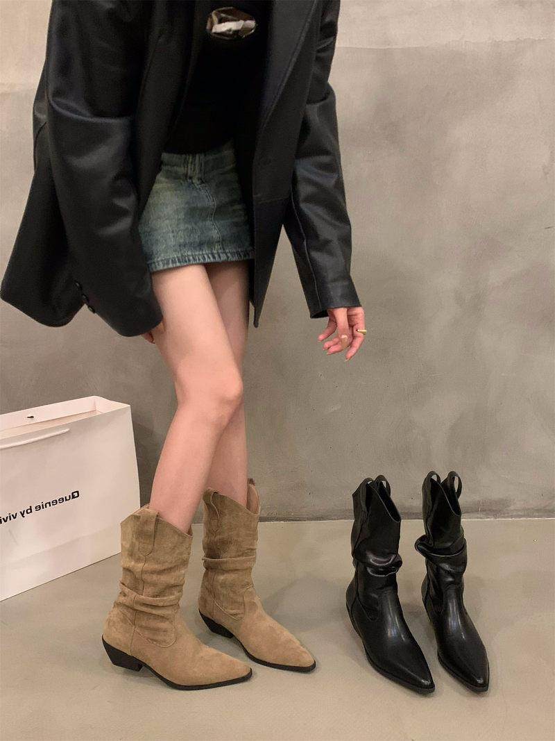 Tide Card Coarse Heel Western Cowboy Boots Women's Shoes 2023 Fall New Retro V Stomps Heaps Pile Boots in the boot-Taobao