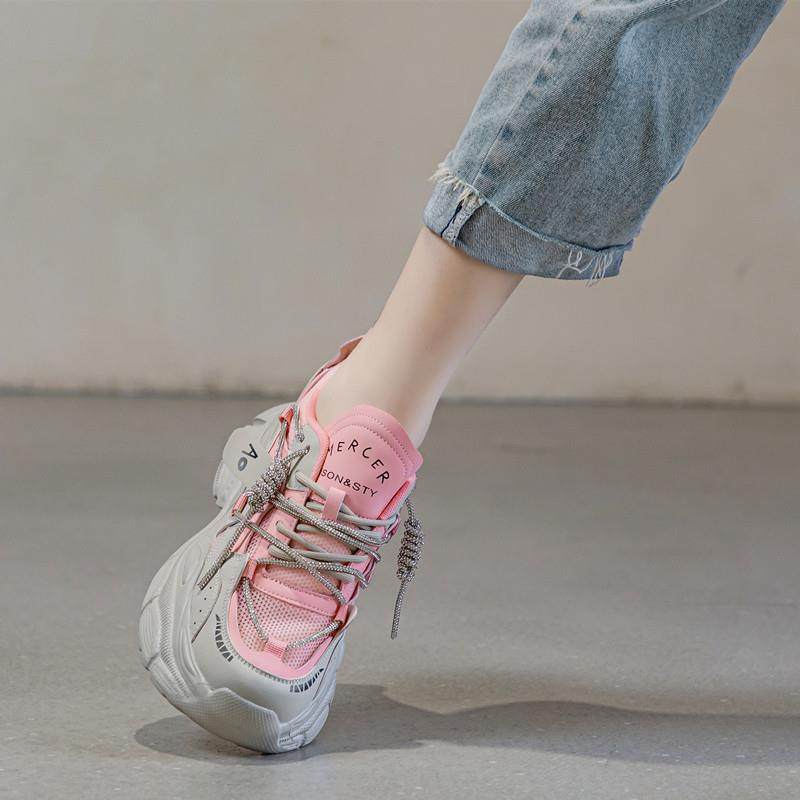 Ocnltiy Pine Cake Thick Bottom Heightening Genuine Leather Old Daddy Shoes Woman 2023 Spring Autumn New Women's Shoes Light Sneakers Lady-Taobao