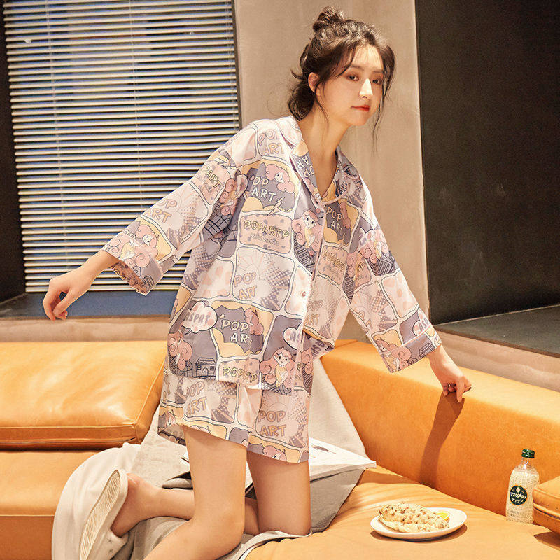 2021 New Sleepwear Women's Summer Sets Ice Silk Short Sleeves Students Cartoon Thin can be outworn Silk Home Suits Suit