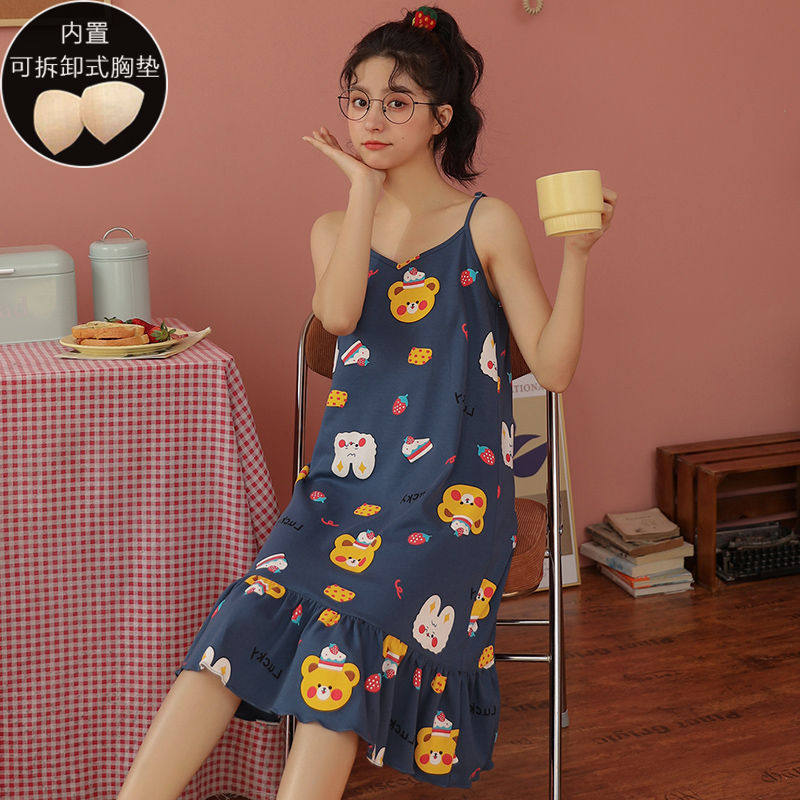 With Chest Cushion Harness Sleeping Skirt Woman Summer Cotton Slim sleeping clothes Han version Sexy cute cartoon Exterior Wear Home Clothing