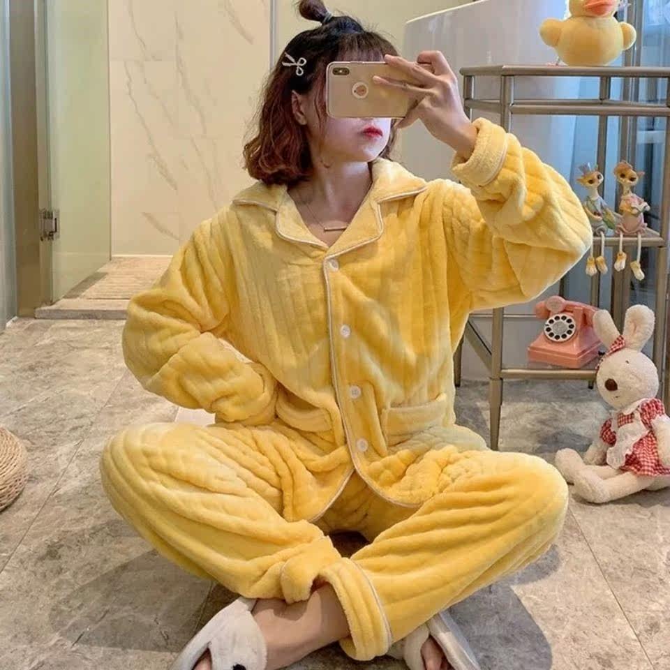Coral Suede Spring Autumn Winter Pyjamas Woman Winter Flannel Suede Thickening Plus Plush Long Sleeve Turnover home Winter Suit