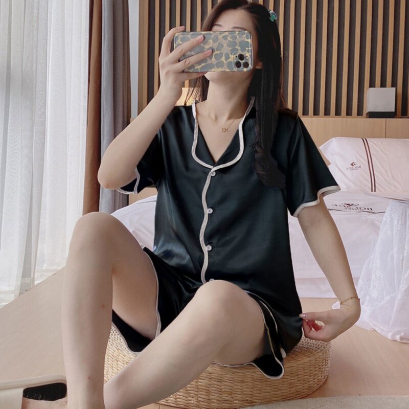 Ice silk sleepwear women Summer sweatshirt thin piece of silk short sleeve shorts suit 2022 new home clothes women can wear outside
