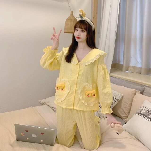 Sweet Girl Lotus Leaf Lace Dolls Collar Embroidery Long Sleeves At-home Suit Female Princess Wind Cute Student Sleepwear Tide