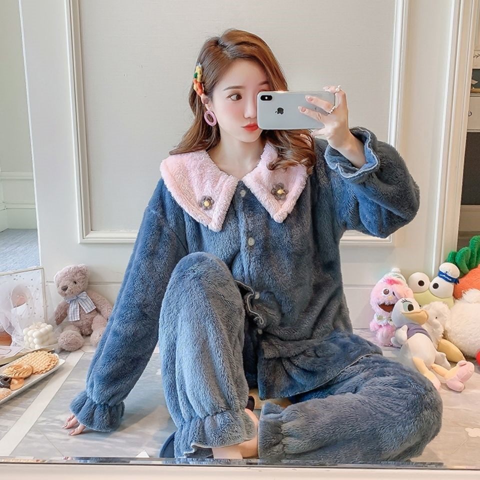 Coral Suede Pajamas Woman Autumn Winter Cute Little Bear Flannel Thicken Plus Suede 2020 New Spring Home Conserved Suit