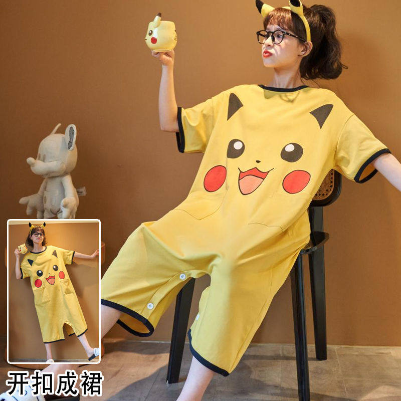 Ultra Cute Pyjamas Woman Summer Sleeve Short Sleeve Student Pure Cotton Medium Long Version Sleeping Skirt Increase Code