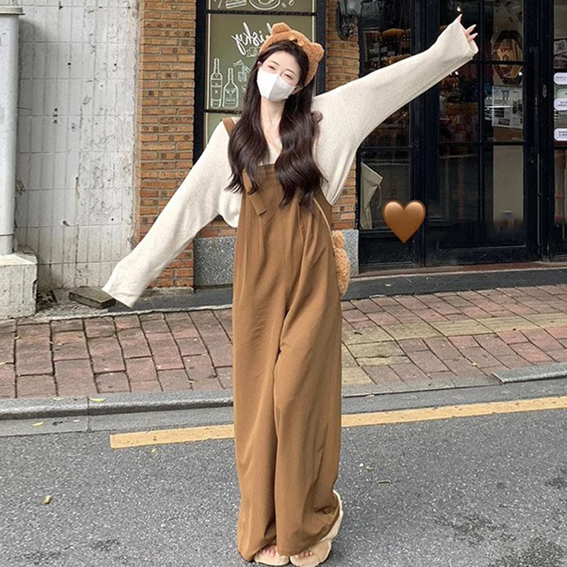Maternity Spring Fashion Casual Two-Piece Set for Tall Women, Suspenders, Wide-Leg Pants, Loose Knit Autumn and Winter Base Shirt Top