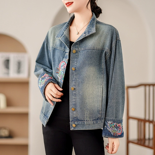 Джинсовая осенняя ретро куртка, с вышивкой, большой размер, подходит для подростков