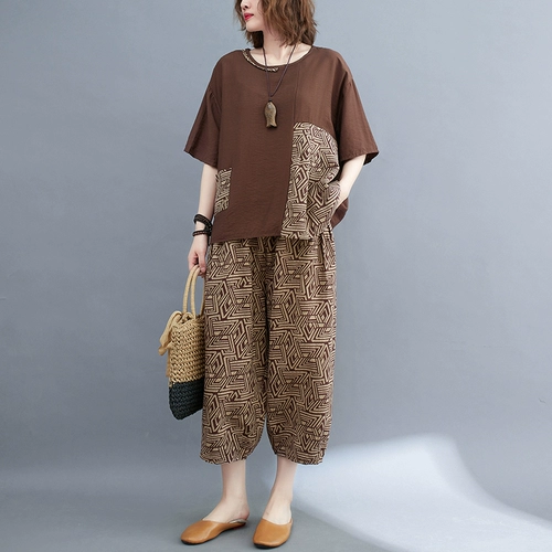 Летняя одежда для пожилых людей для матери, комплект, футболка с коротким рукавом для отдыха, для среднего возраста, из хлопка и льна