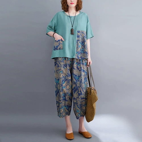 Летняя одежда для пожилых людей для матери, комплект, футболка с коротким рукавом для отдыха, для среднего возраста, из хлопка и льна