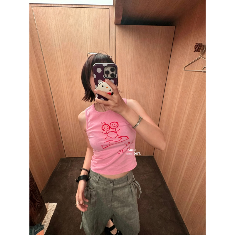 New Style Holding Hands Stick Figure Print Pink Sleeveless Tank Top