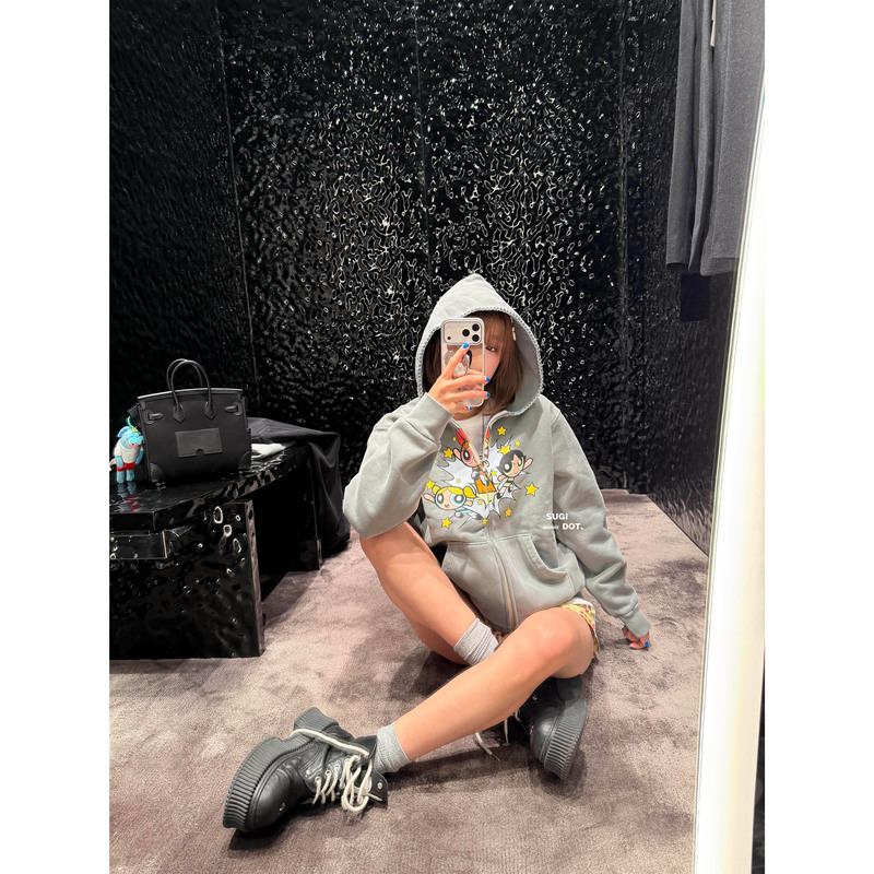 Distinguish from the Market/Correct】26 Early Autumn New Powerpuff Girls Cartoon Print Hooded Zipper Sweatshirt Jacket
