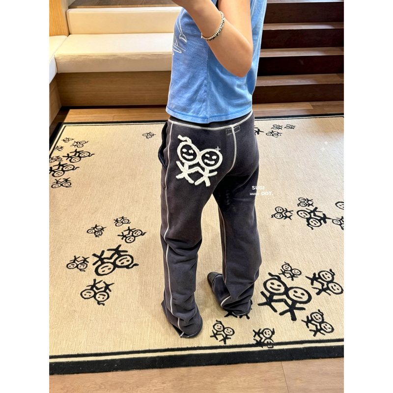 Distinction from Other Markets/Correct] Patch Embroidery Logo Holding Hands Matchstick Figures Flared Drawstring Long Pants Sports Sweatpants