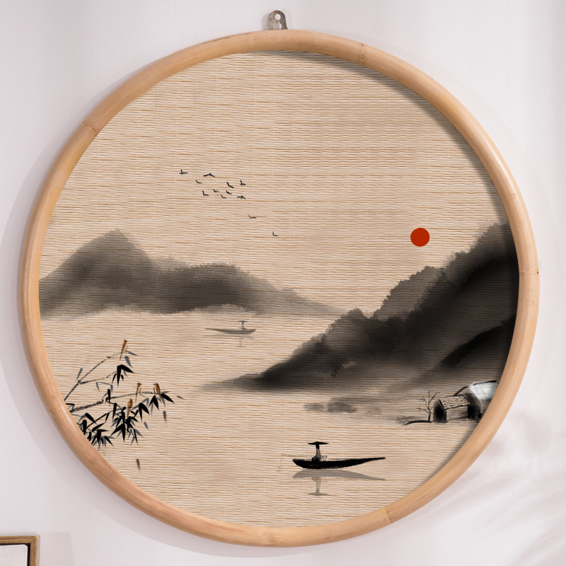 Modern new Chinese landscape pattern Modern Chinese wall hanging type bamboo rattan hanging wall type shelf indoor landscape wind flower rack