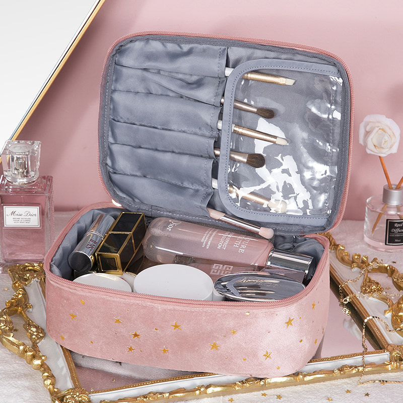 Makeup bag female portable capacity 2021 new advanced sense super large simplified velvet travel cosmetics collection package