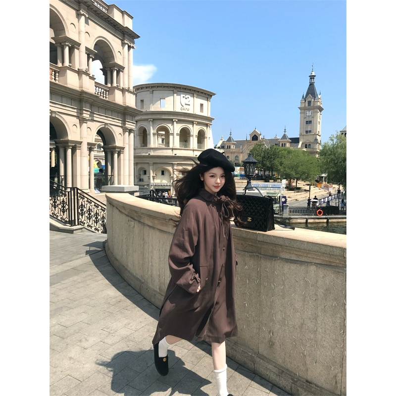 Zhang Bao Bao Anti-Wrinkle Linen Blend Puff Collar Tie-Waist Trench Coat for Women, Mid-Length High-End Oversized Jacket for Petite Figures Zhang Bao Bao Anti-Wrinkle Linen Blend Puff Collar Tie-Waist Trench Coat for Women, Mid-Length High-End Oversized Jacket for Petite Figures