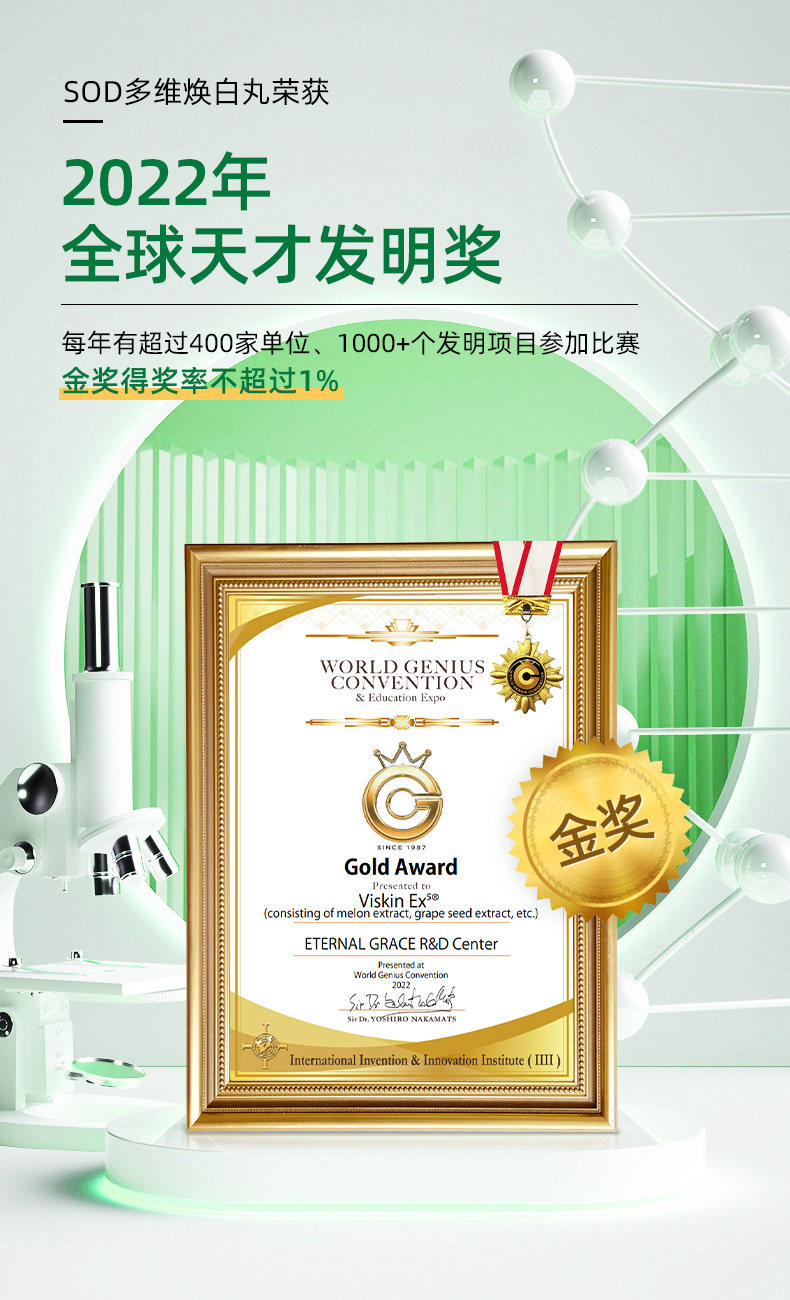 2022全球发明金奖 美国进口 Biowell SOD美白亮肤丸 60片瓶装*3瓶 双重优惠折后¥319包邮