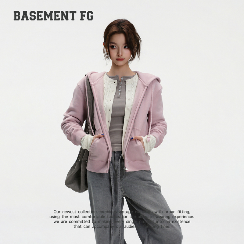 Basementfg Simple Sports Style Hooded Zipper Sweatshirt Loose and Versatile Jacket Top 261080042025