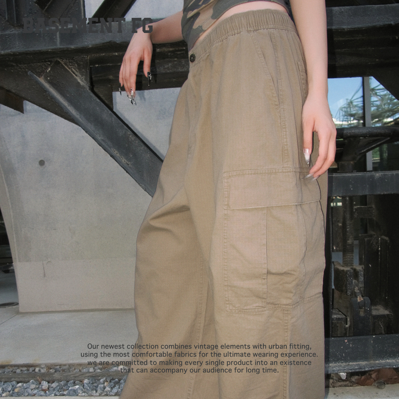 Basementfg American Retro Work Pants for Women, High-Waisted Loose Straight Casual Trousers 262120081047