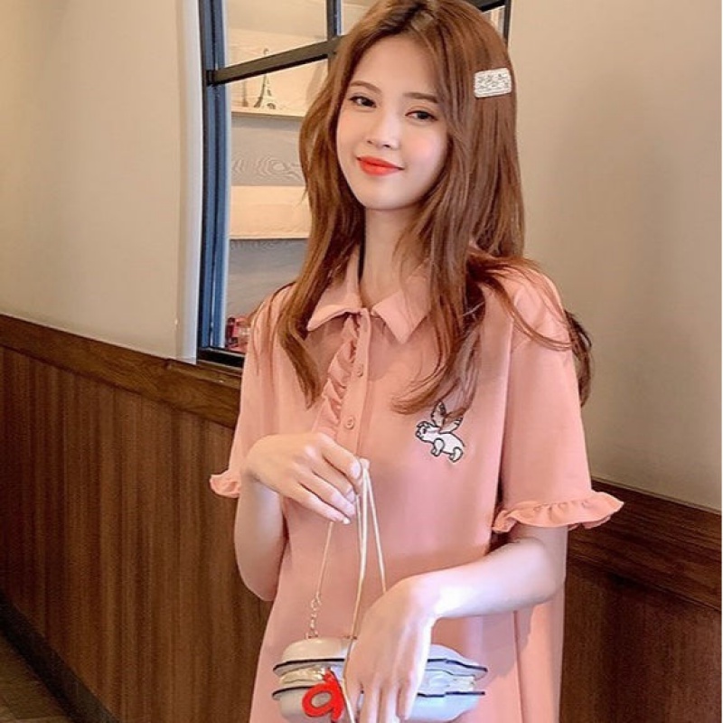 Spring new female summer embroidered shirt collar short sleeve T-shirt blouse with long version of little clear new tidal fish tail dress
