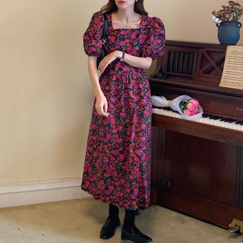 2021 springtime retro vintage polemical collar strap to collect waist long version over kneecap with kneecap bubble sleeves small crummy dress woman