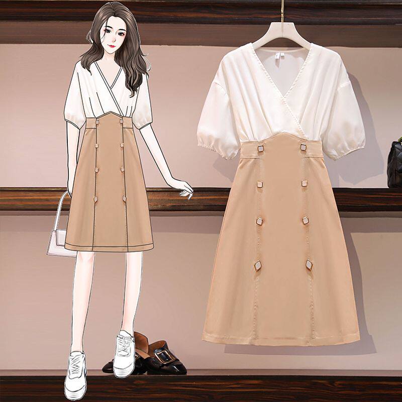 Fat Sister Big Size Dress 2020 Summer Dress New Women's Dress Shade slim Aging Splicing Temperament Cashew Skirt