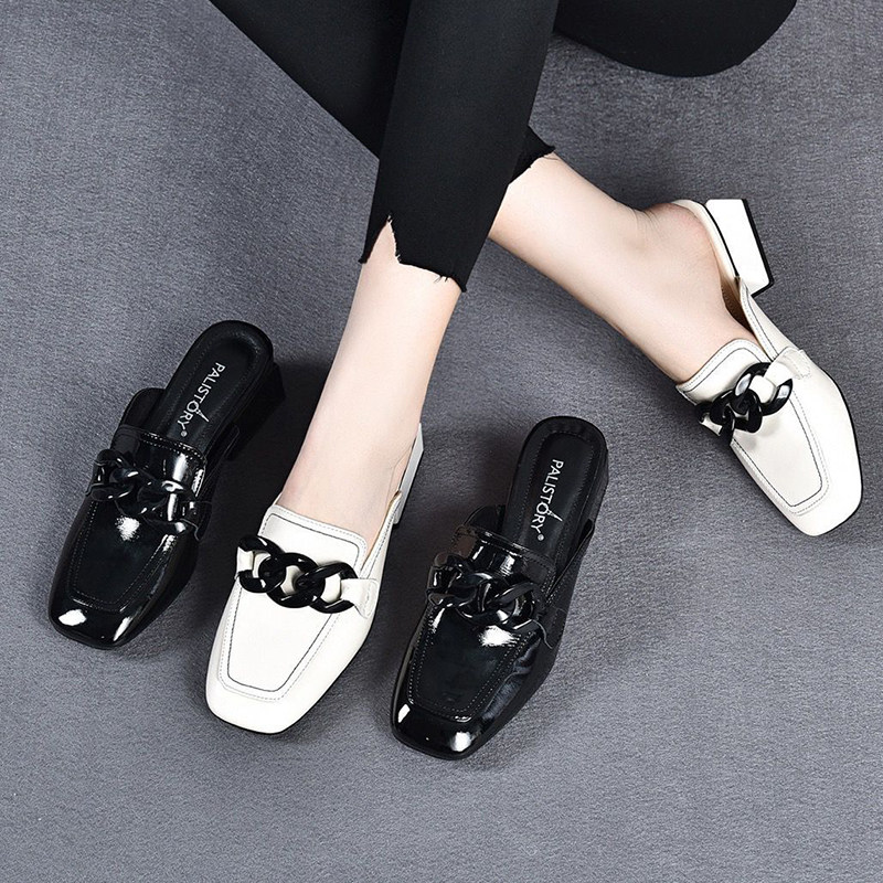 Genuine leather women shoes high heel shoes Baotou slippers 2022 spring and summer new small leather shoes coarse heel square head fashion slippers worn out