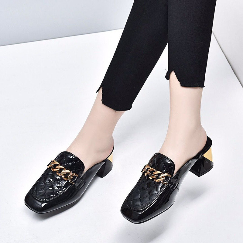 Baotou Half slippers female 2022 New female summer genuine leather cool drag coarse heel and square head semi-tugging Mueller shoes outside wearing single shoes