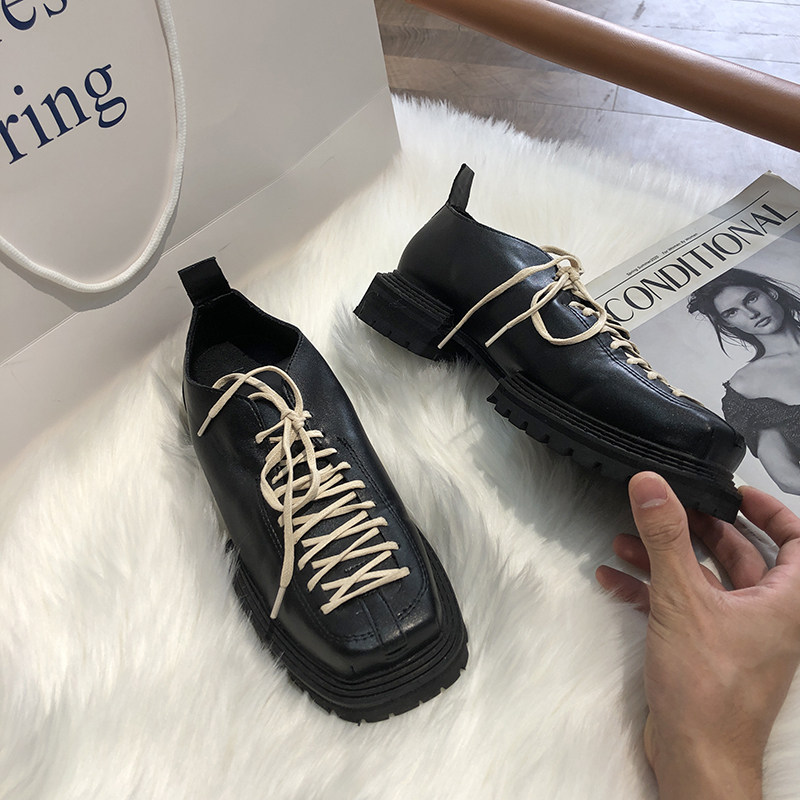 Fengfan same style small leather shoes women's 2022 new square toe retro platform shoes thick heel British style black lace-up shoes