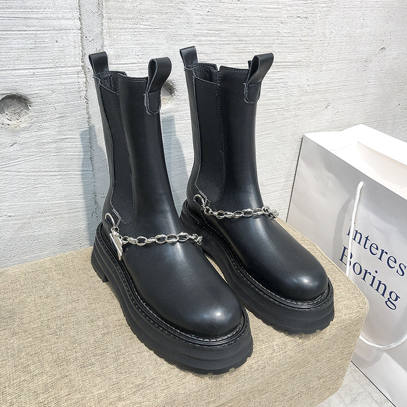 Martin boots women's 2021 new British style round head wild thick heel sponge cake thick bottom chain Chelsea short boots women