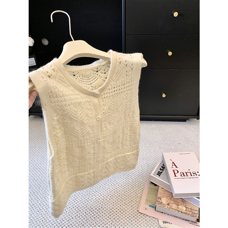 Emily Clud's Selection~ Hollow-Out Crochet Knit Cardigan Vest Layered with Sleeveless Sweater Vest Top