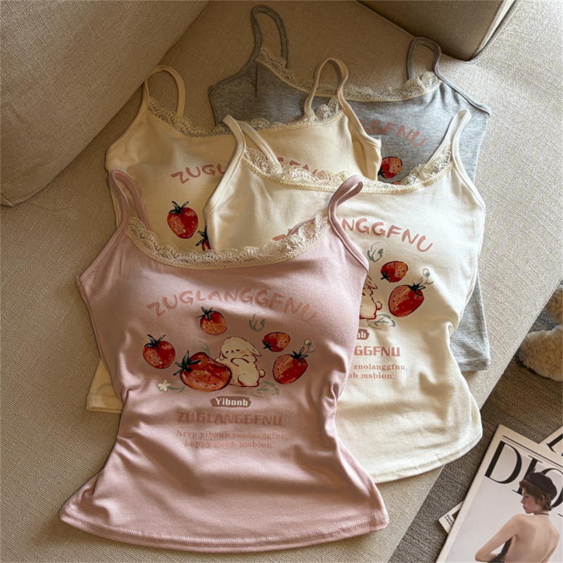 Emily Clud's Recommended Selection~ Strawberry Print Camisole with Chest Pads, Lace Trim, and Beautiful Back Design, Sleeveless Top
