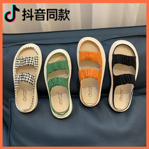 Yuke brand womens shoes sandals soft-soled shaking sound the same houndstooth canvas slippers female summer leaking toes An Yuxi